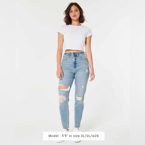 Hollister-Curvy High-Rise Ripped Mom Jeans-Light Medium Ripped Wash-00R/24W. NWT - Picture 6 of 12